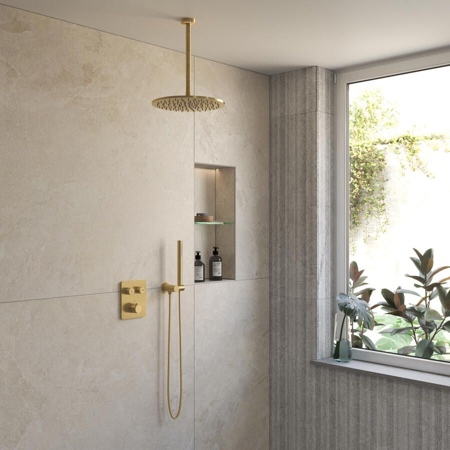 Boss & Wessing BWS Inbouw Regendouche | Sensa | Goud | Plafonduitloop | 30cm Hoofddouche met Handdouche | Drukknoppen