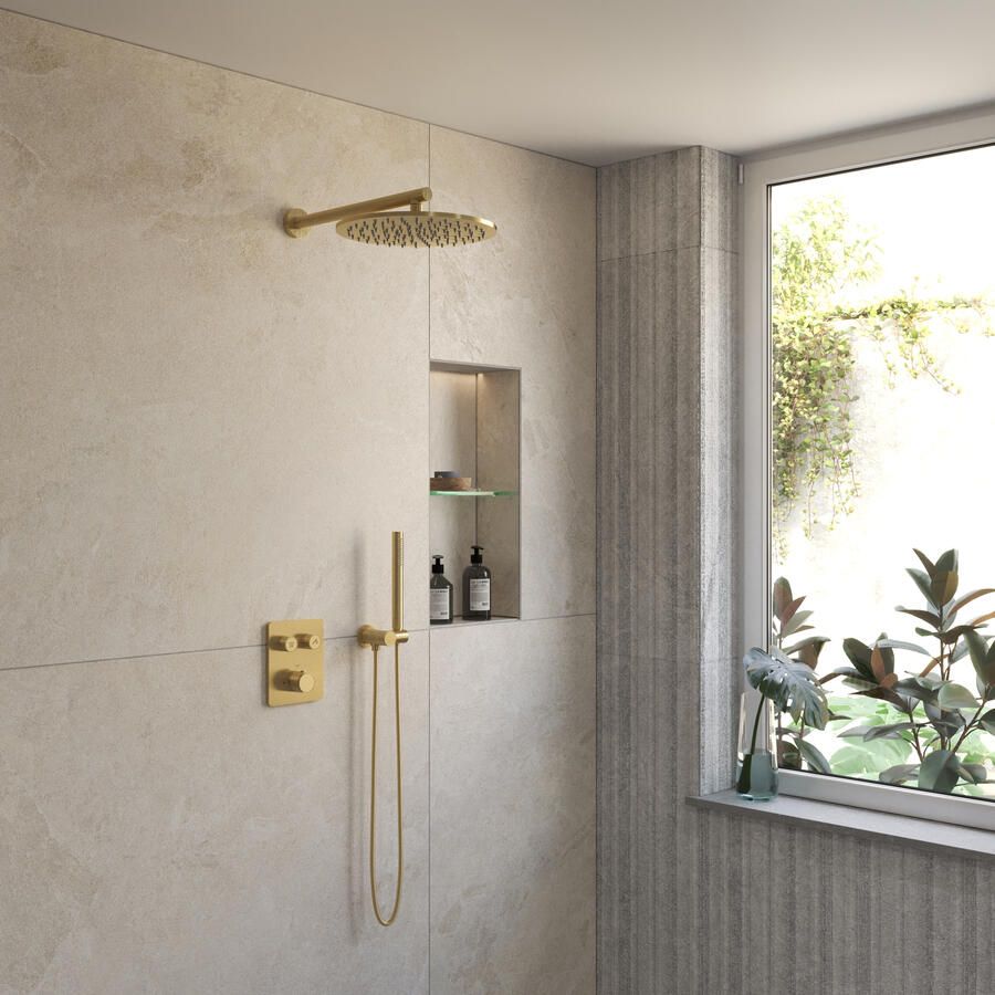 Boss & Wessing BWS Inbouw Regendouche | Sensa | Goud | Wanduitloop | 30cm Hoofddouche met Handdouche | Drukknoppen