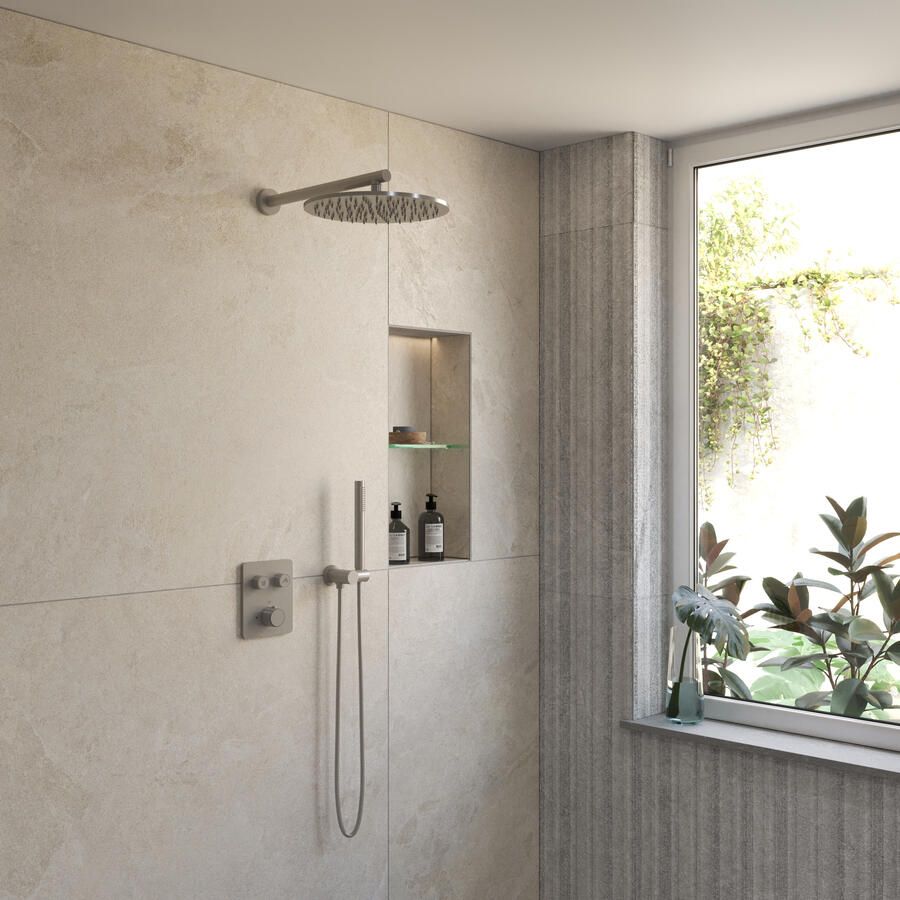 Boss & Wessing BWS Inbouw Regendouche | Sensa | Gunmetal | Wanduitloop | 30cm Hoofddouche met Handdouche | Drukknoppen