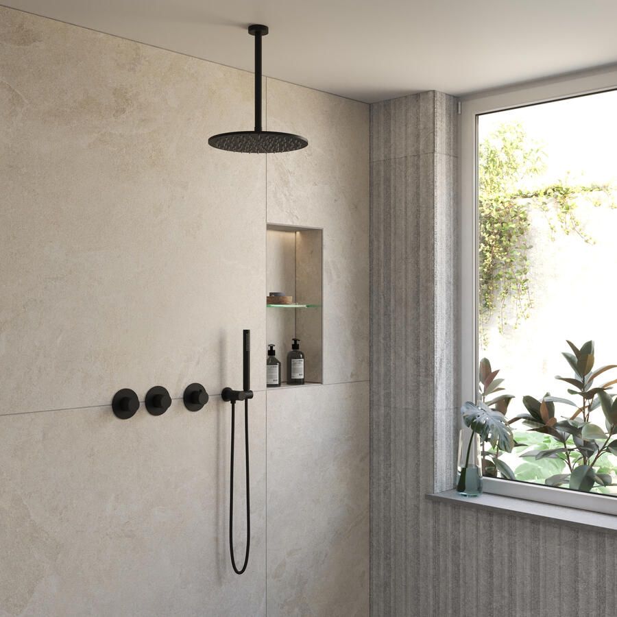 Boss & Wessing BWS Inbouw Regendouche | Sensa | Mat Zwart PVD | Plafonduitloop | 30cm Hoofddouche met Handdouche | Stopkranen