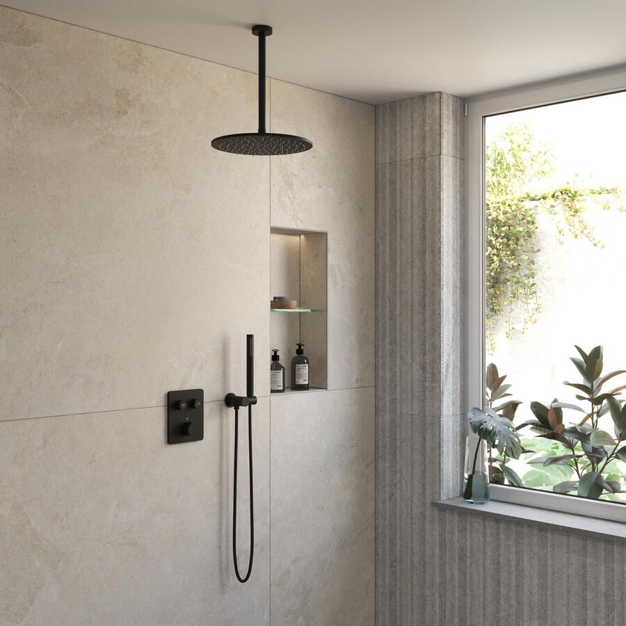 Boss & Wessing BWS Inbouw Regendouche | Sensa | Mat Zwart PVD | Plafonduitloop | 30cm Hoofddouche met Handdouche | Drukknoppen