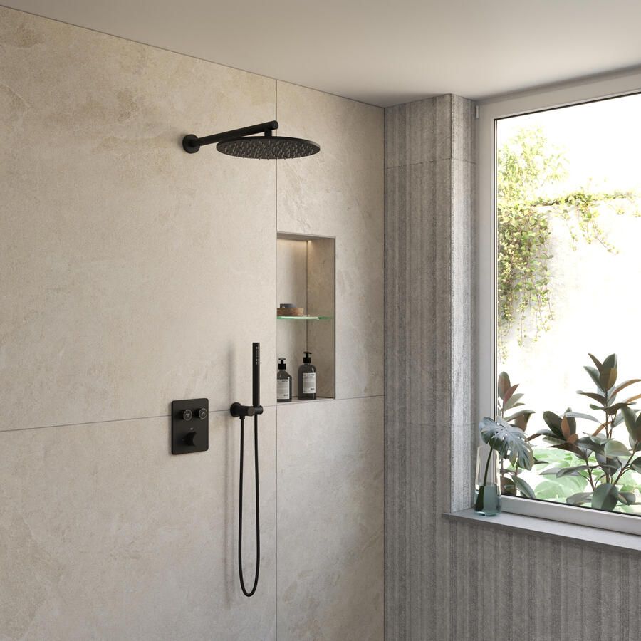 Boss & Wessing BWS Inbouw Regendouche | Sensa | Mat Zwart PVD | Wanduitloop | 30cm Hoofddouche met Handdouche | Drukknoppen