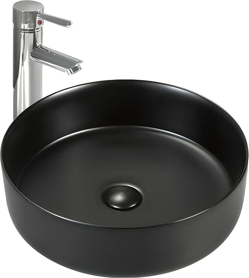 Boss & Wessing BWS Odon Waskom Mat Zwart 36x12 5 cm Rond Keramiek Met Waste Opbouw