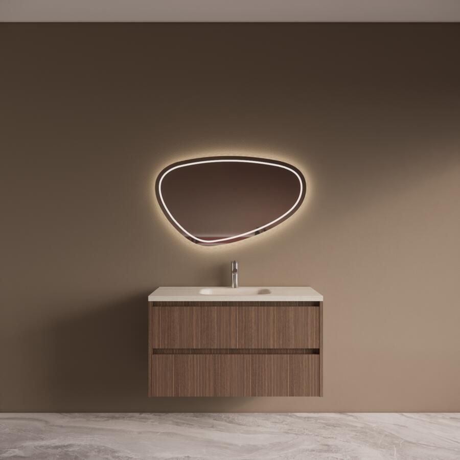 Boss & Wessing BWS Riga Donker Eiken Japandi Badmeubelset Met Wastafel 100 cm Travertin Sintered Stone Keramisch