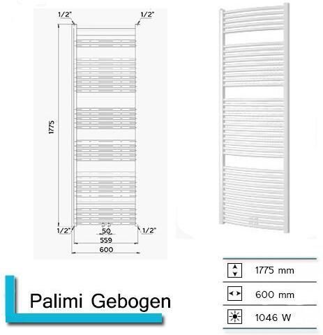 Plieger Palmyra designradiator horizontaal gebogen middenaansluiting 1775x600mm 1046W zilver metallic 7252903