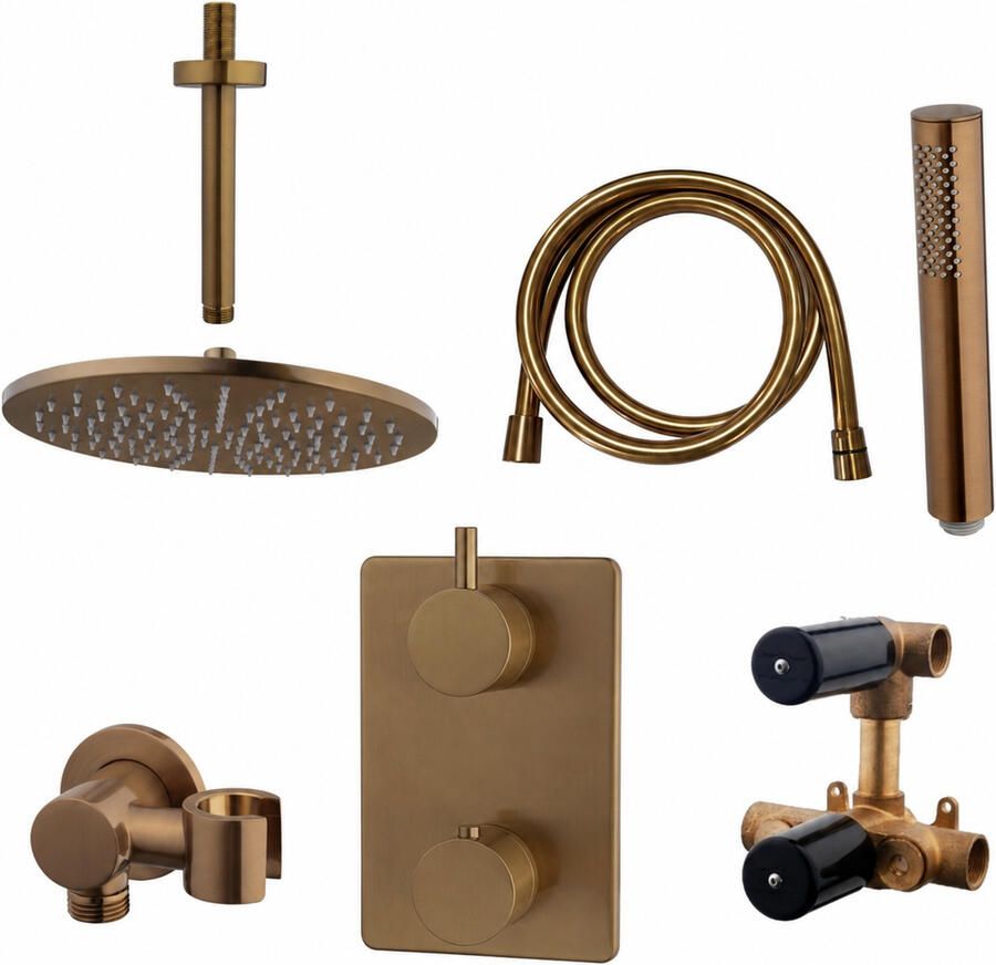 Boss & Wessing Inbouw Regendouche Set 15 Cemal Rechthoek Plafonduitloop Geborsteld Brons Koper