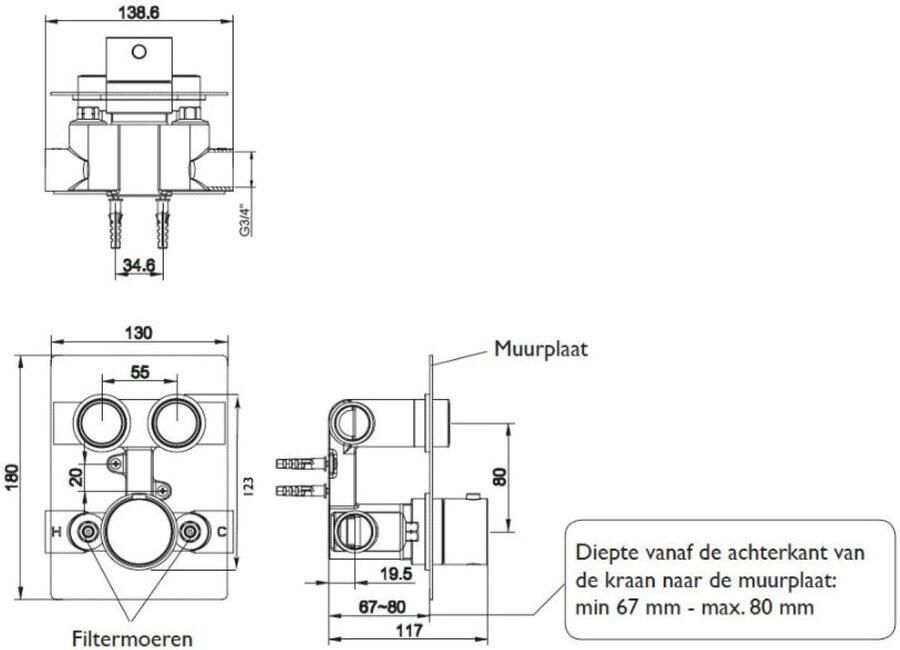 Boss & Wessing Inbouwdeel BWS Click voor 2-Wegs Douchethermostaat