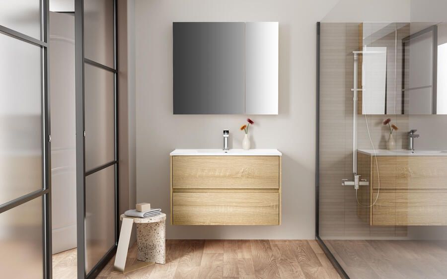 Boss & Wessing Spiegelkast BWS Hayat 2 Assymetrische Deuren 80x70x15cm Eik