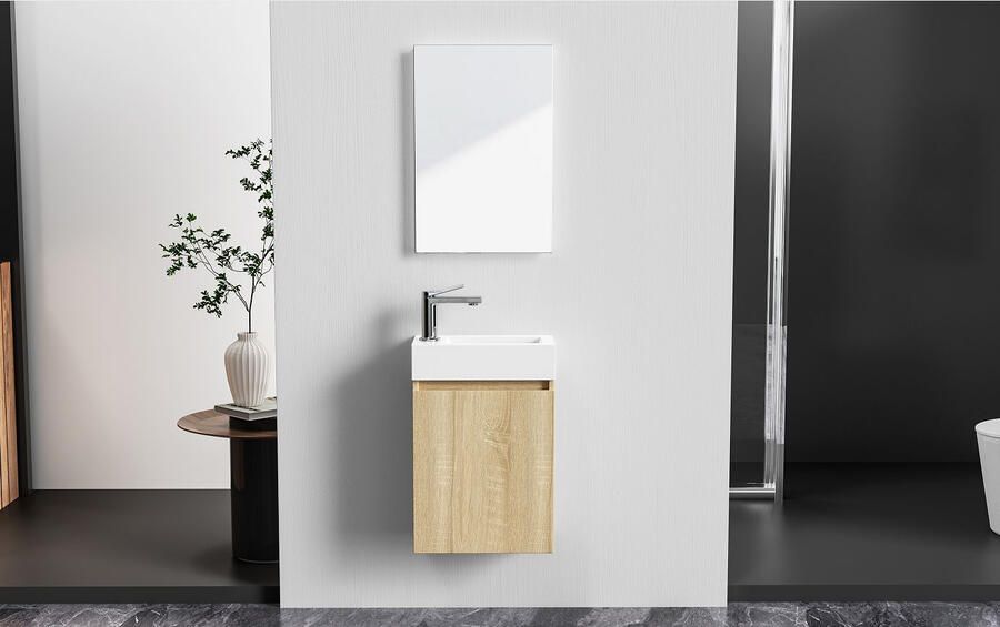 Boss & Wessing Toiletmeubelset BWS Zyro Onderkast + Fontein en Spiegel 40x22 cm Eiken - Foto 2