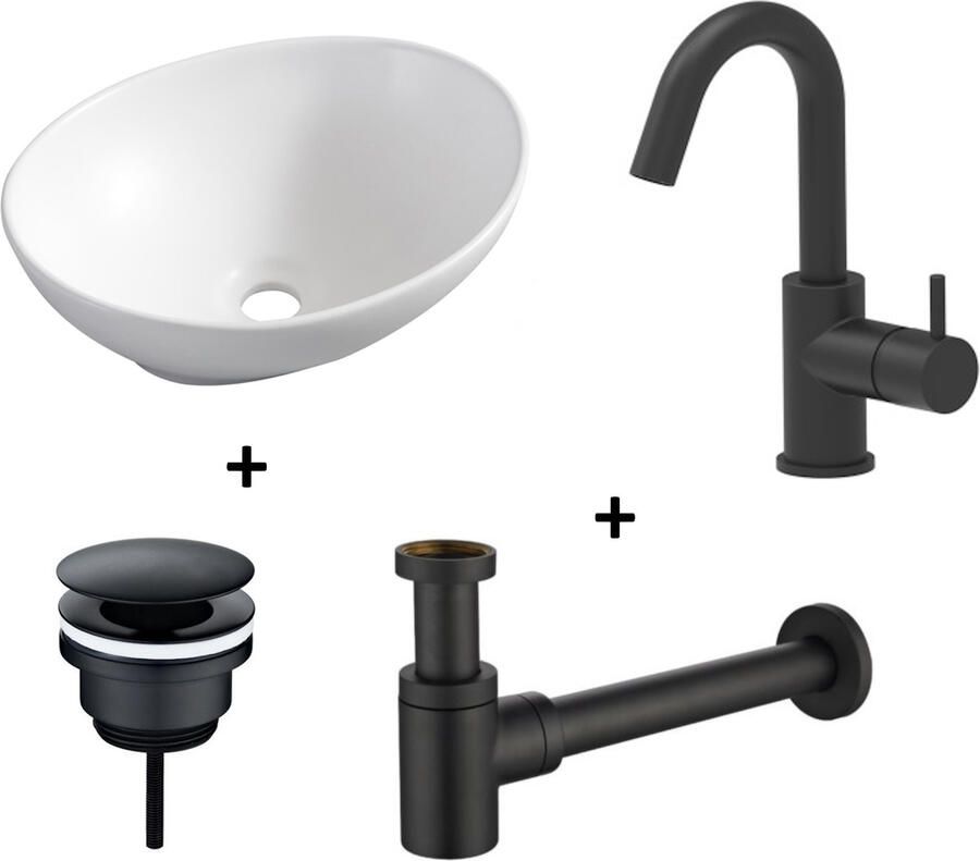 Boss & Wessing Waskomset BWS Ovaal 40x33x14.5 cm Keramiek Mat Wit Mat Zwart (inclusief kraan afvoer en sifon)