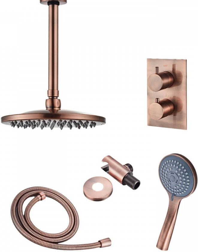 Boss & wessing Inbouw Regendouche Set BWS Copper met Plafonduitloop en 3 Standen Handdouche Geborsteld Koper 20 cm