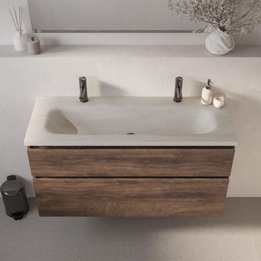 Brauer Dune Medium wastafel 120 cm met 1 wasbak en 2 kraangaten Sintered Stone Ivory Travertin