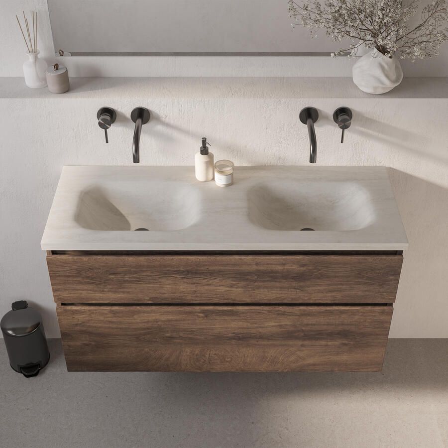 Brauer Dune Medium wastafel 120 cm met 2 wasbakken en 0 kraangaten Sintered Stone Ivory Travertin