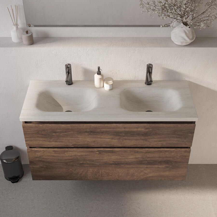 Brauer Dune Medium wastafel 120 cm met 2 wasbakken en 2 kraangaten Sintered Stone Ivory Travertin