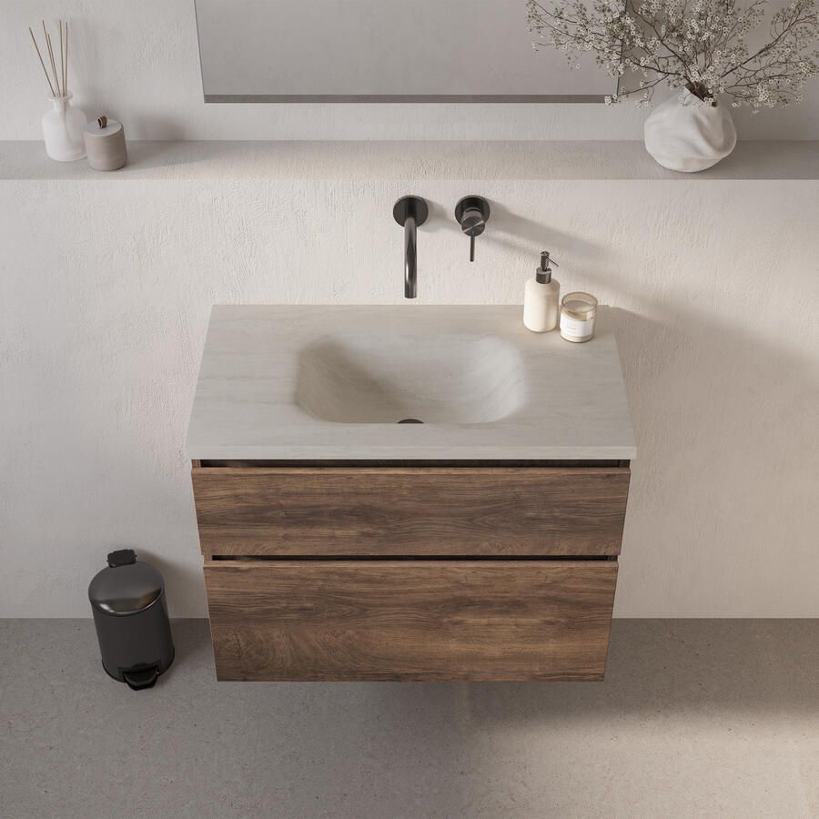 Brauer Dune Medium wastafel 80 cm met 1 wasbak en 0 kraangaten Sintered Stone Ivory Travertin