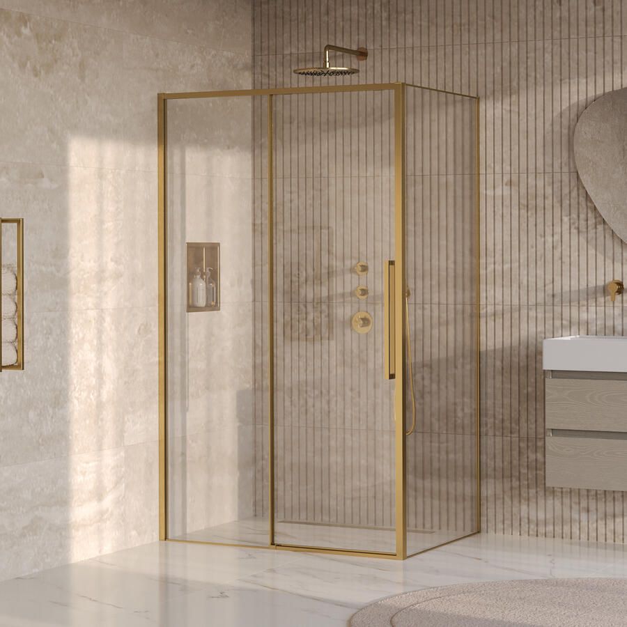 Brauer Galactic Douchecabine Met Schuifdeur 120x90x200 Omkeerbaar Helder Glas Incl. Glascoating PVD Goud Geborsteld