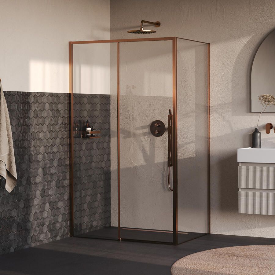 Brauer Galactic Douchecabine Met Schuifdeur 120x90x200 Omkeerbaar Helder Glas Incl. Glascoating PVD Koper Geborsteld