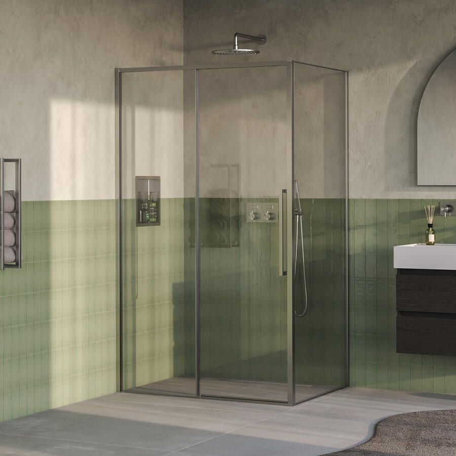 Brauer Galactic Douchecabine Met Schuifdeur 120x90x200 Omkeerbaar Helder Glas Incl. Glascoating PVD RVS-Kleurig Geborsteld