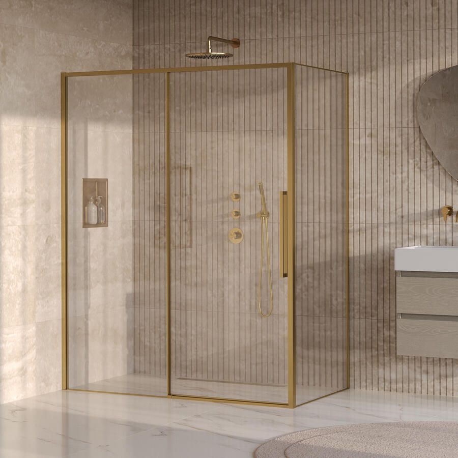 Brauer Galactic Douchecabine Met Schuifdeur 160x90x200 Omkeerbaar Helder Glas Incl. Glascoating PVD Goud Geborsteld