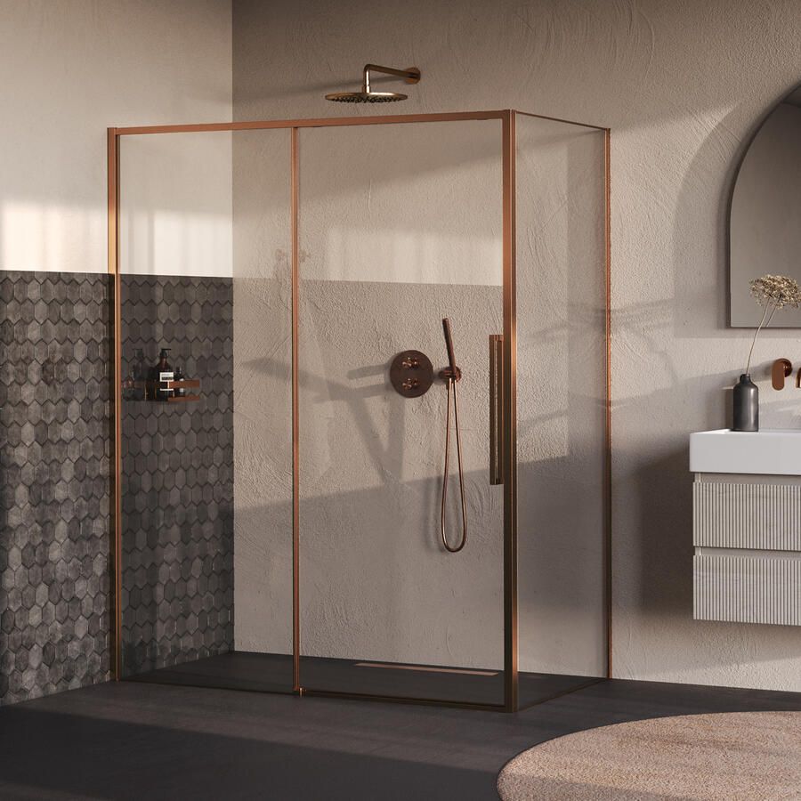 Brauer Galactic Douchecabine Met Schuifdeur 160x90x200 Omkeerbaar Helder Glas Incl. Glascoating PVD Koper Geborsteld