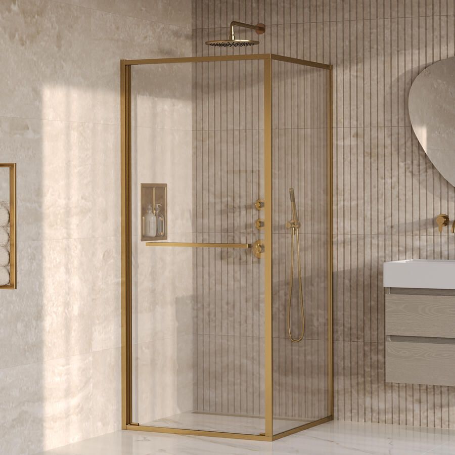Brauer Luminis Douchecabine 2-Delig Naar Binnen Draaiend 90x90x200 Omkeerbaar Helder Glas Incl. Glascoating PVD Goud Geborsteld