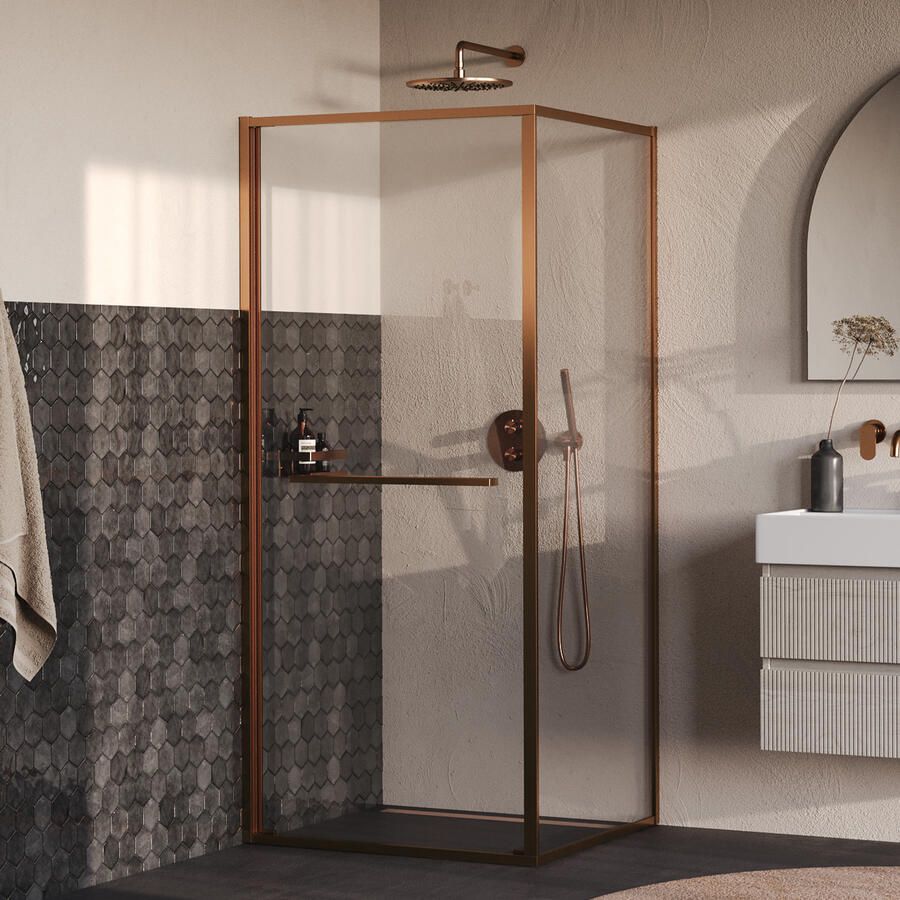 Brauer Luminis Douchecabine 2-Delig Naar Binnen Draaiend 90x90x200 Omkeerbaar Helder Glas Incl. Glascoating PVD Koper Geborsteld