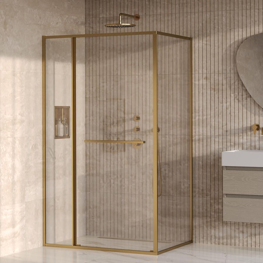 Brauer Luminis Douchecabine 3-Delig Naar Binnen Draaiend 120x90x200 Omkeerbaar Helder Glas Incl. Glascoating PVD Goud Geborsteld