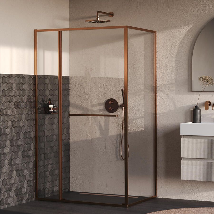 Brauer Luminis Douchecabine 3-Delig Naar Binnen Draaiend 120x90x200 Omkeerbaar Helder Glas Incl. Glascoating PVD Koper Geborsteld