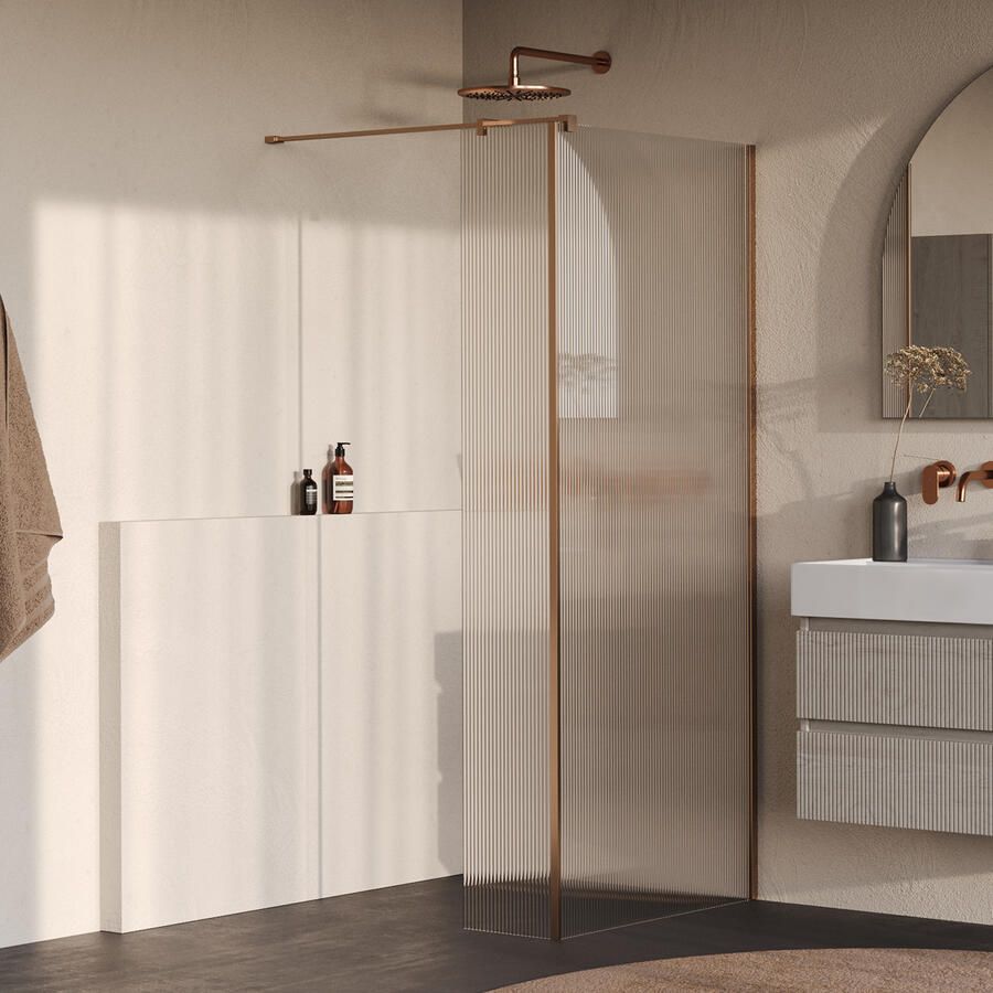 Brauer Oblivion Flow inloopdouche helder ribbelglas 100x200 met zijwand 30 incl. glascoating Geborsteld Koper PVD