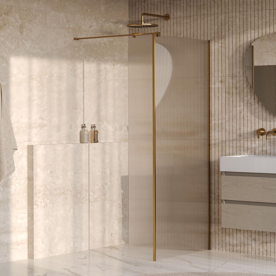 Brauer Oblivion Flow inloopdouche helder ribbelglas 90x200 met zijwand 30 incl. glascoating Geborsteld Goud PVD