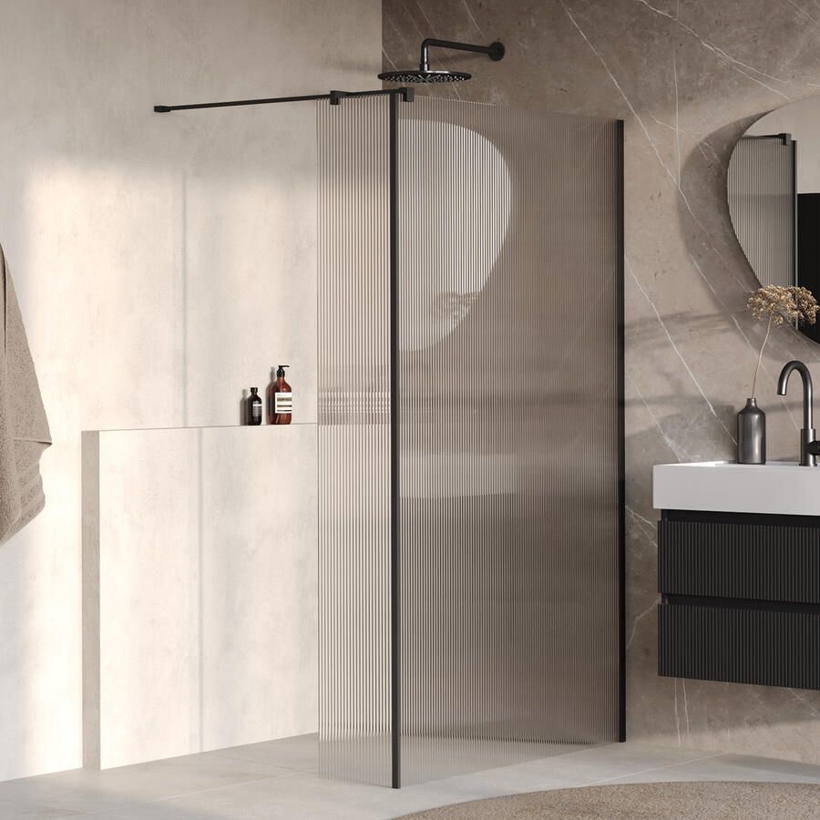 Brauer Oblivion Flow inloopdouche helder ribbelglas 120x200 met zijwand 30 incl. glascoating Mat Zwart