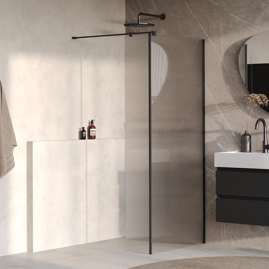 Brauer Oblivion Flow inloopdouche helder ribbelglas 90x200 met zijwand 30 incl. glascoating Mat Zwart