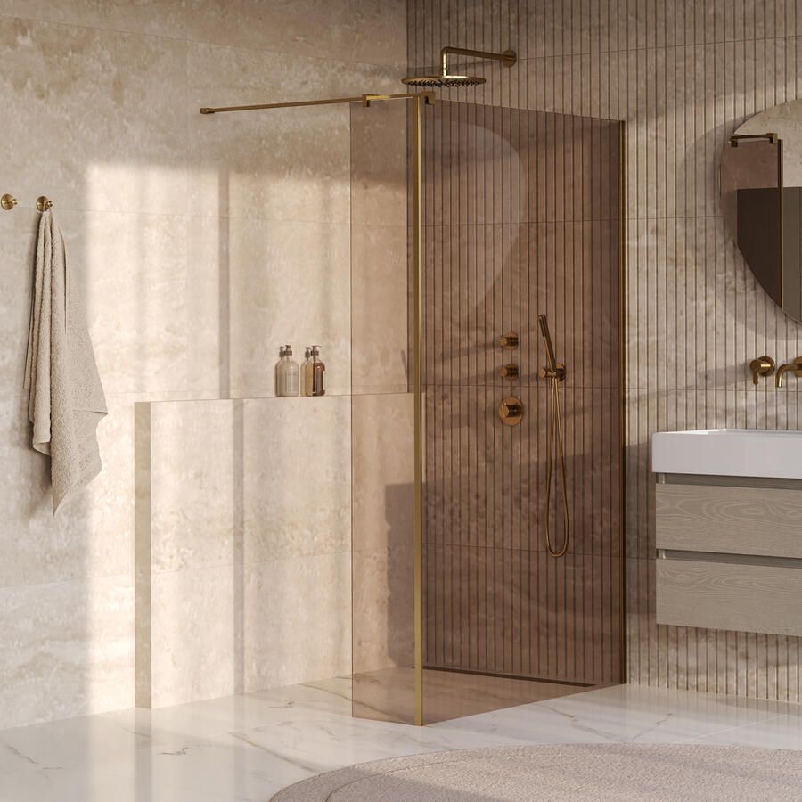 Brauer Oblivion Inloopdouche 120x200cm 30 cm zijwand glascoating brons glas geborsteld goud PVD GS-OBI2B12030200GG