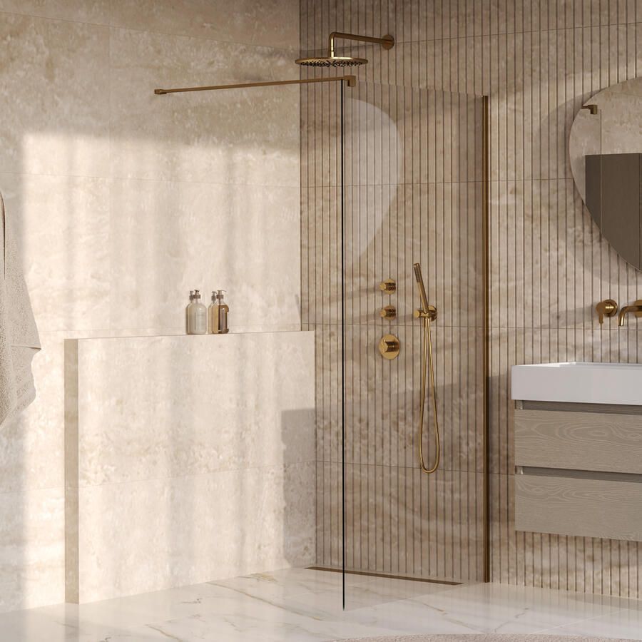 Brauer Oblivion Inloopdouche 90x200cm glascoating helder glas geborsteld goud PVD GS-OBI1H90200GG