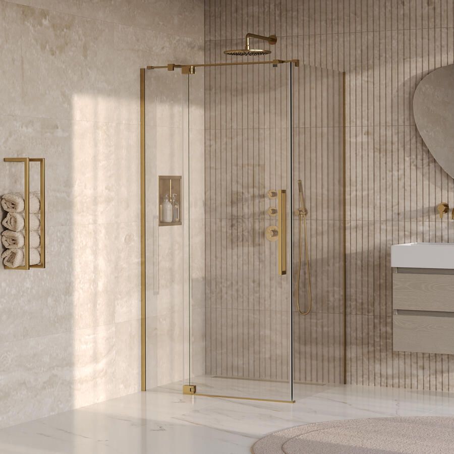 Brauer Stellar Douchecabine 100x100x200cm draaideur glascoating omkeerbaar helder glas geborsteld goud PVD GS-SRC1H100100200GG