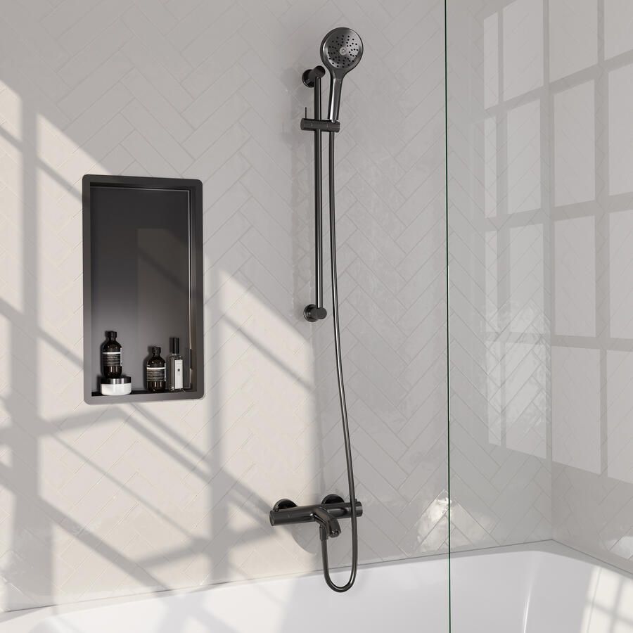 Brauer Stripe opbouw baddouche thermostaatkraan SET 02 met glijstang en 3-standen handdouche en doucheslang gunmetal geborsteld PVD