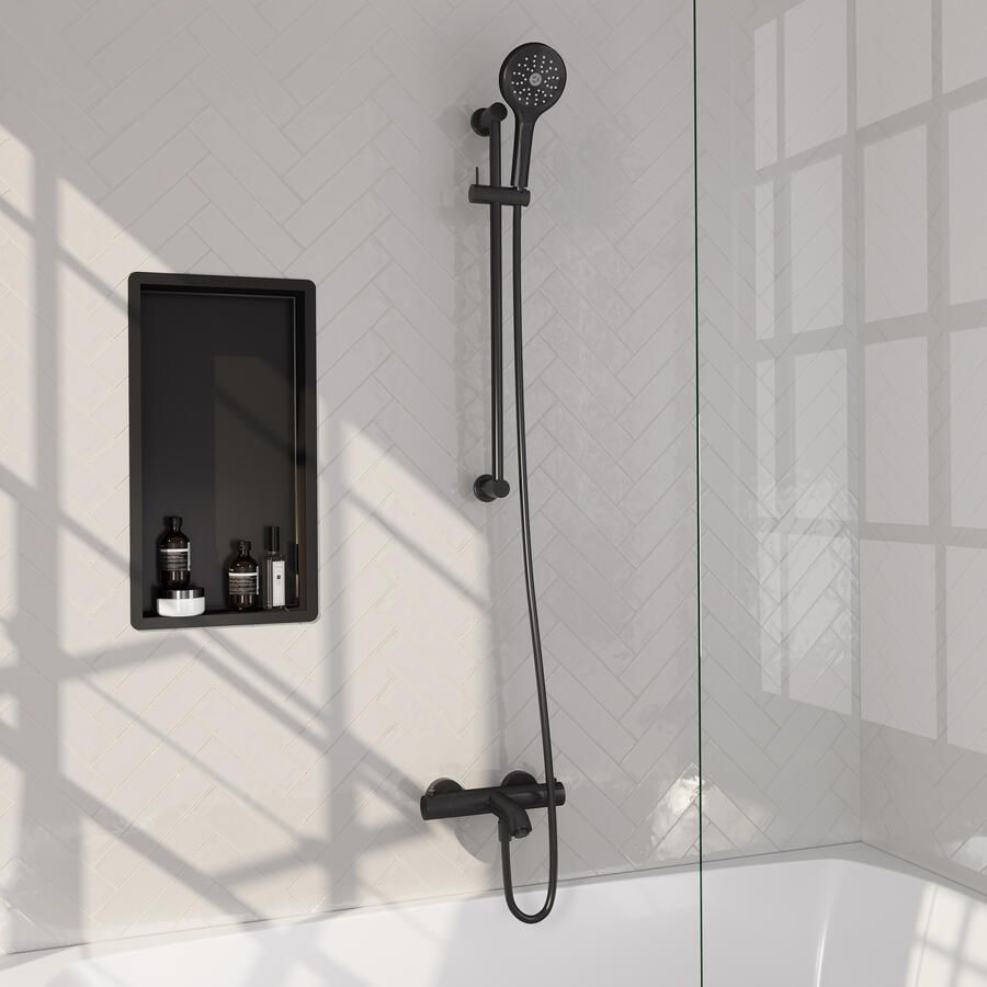 Brauer Stripe opbouw baddouche thermostaatkraan SET 02 met glijstang en 3-standen handdouche en doucheslang mat zwart