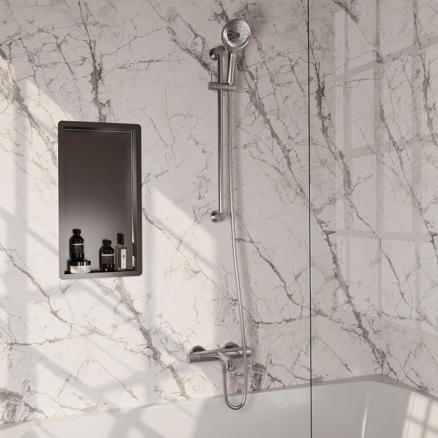 Brauer Stripe opbouw baddouche thermostaatkraan SET 02 met glijstang en 3-standen handdouche en doucheslang RVS-kleurig geborsteld PVD