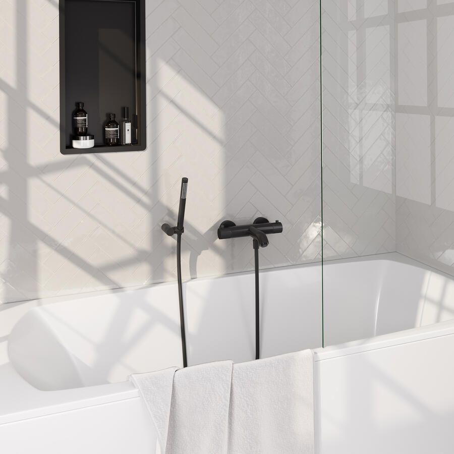 Brauer Stripe opbouw baddouche thermostaatkraan SET 03 met wandhouder en staaf handdouche en doucheslang mat zwart