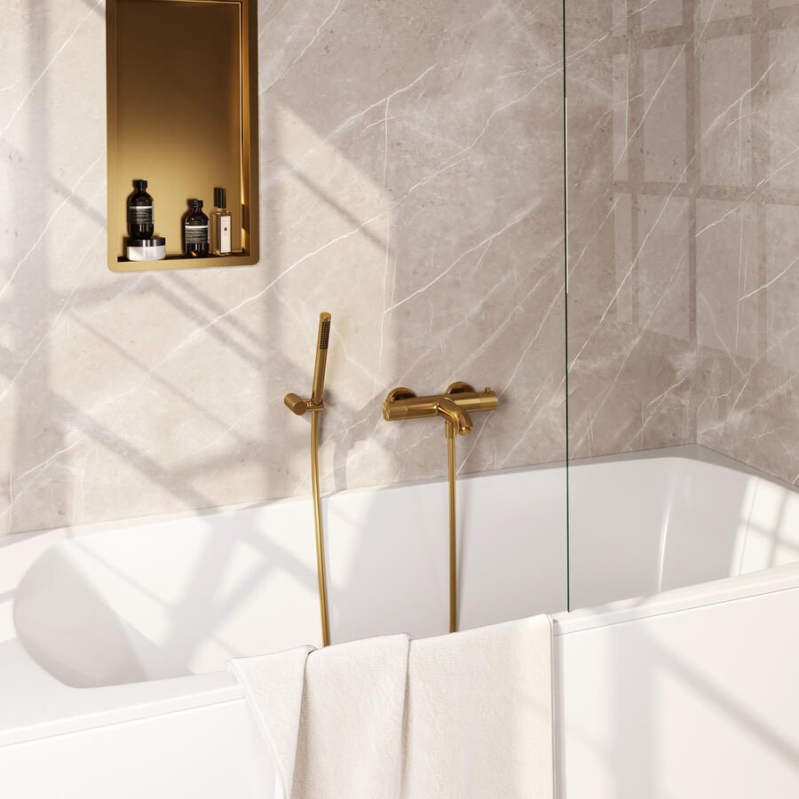 Brauer Stripe opbouw baddouche thermostaatkraan SET 03 met wandhouder en staaf handdouche en doucheslang goud geborsteld PVD