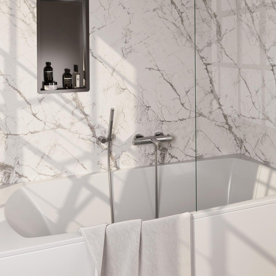 Brauer Stripe opbouw baddouche thermostaatkraan SET 03 met wandhouder en staaf handdouche en doucheslang RVS-kleurig geborsteld PVD