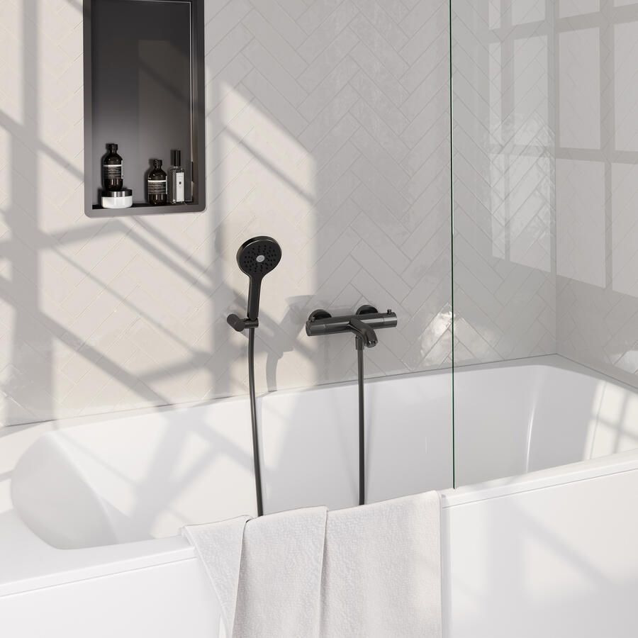 Brauer Stripe opbouw baddouche thermostaatkraan SET 04 met wandhouder en 3-standen handdouche en doucheslang gunmetal geborsteld PVD