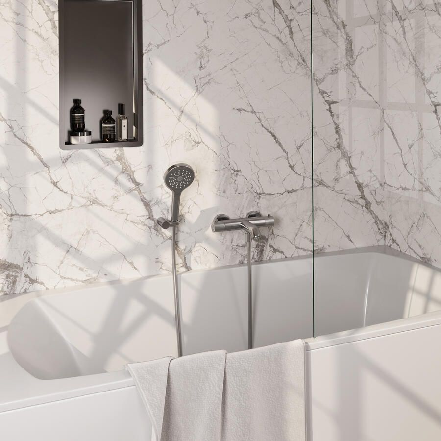 Brauer Stripe opbouw baddouche thermostaatkraan SET 04 met wandhouder en 3-standen handdouche en doucheslang RVS-kleurig geborsteld PVD