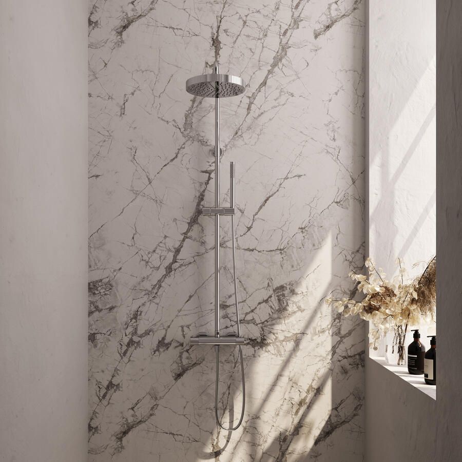 Brauer Stripe opbouw thermostatische regendouche SET 01 met 25 cm hoofddouche en staaf handdouche en doucheslang chroom