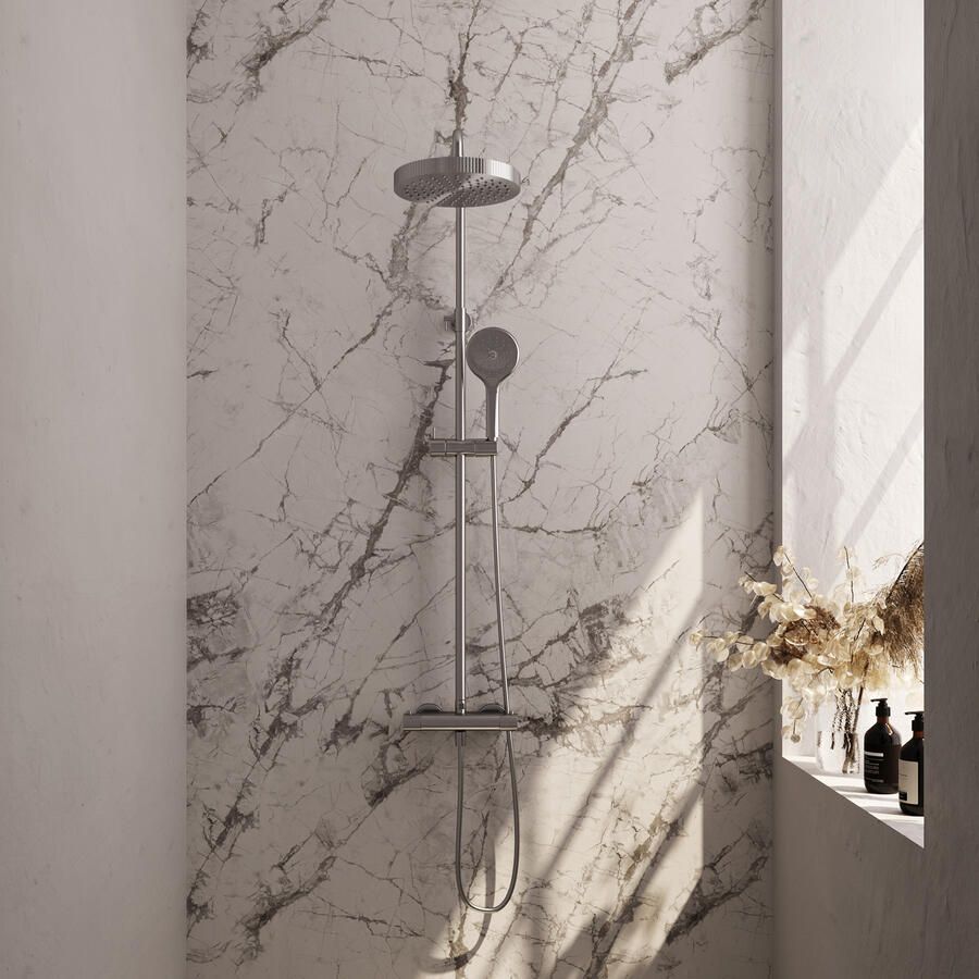 Brauer Stripe opbouw thermostatische regendouche SET 02 met 25 cm hoofddouche en 3-standen handdouche en doucheslang RVS-kleurig geborsteld PVD