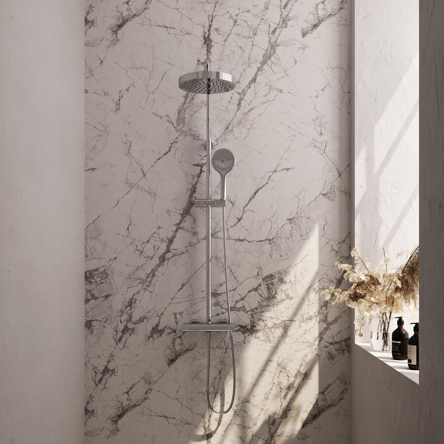 Brauer Stripe opbouw thermostatische regendouche SET 02 met 25 cm hoofddouche en 3-standen handdouche en doucheslang chroom