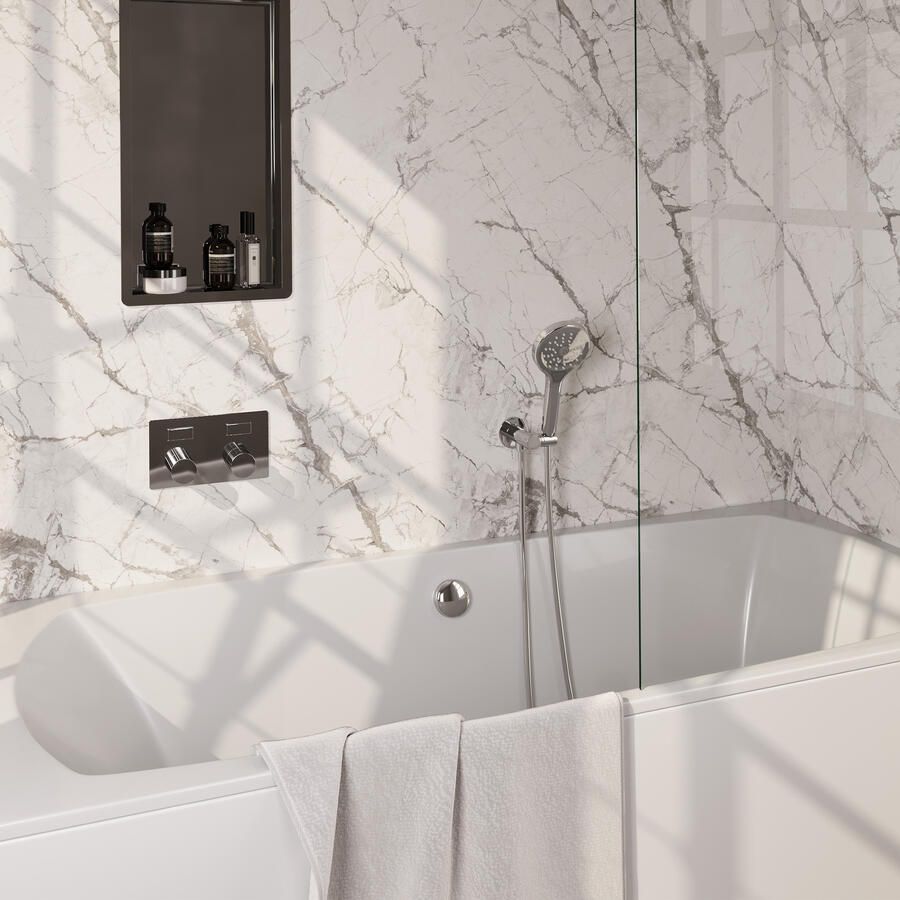 Brauer Stripe thermostatische inbouw badkraan met drukknoppen SET 04 met badvulcombinatie en 3-standen handdouche en doucheslang en wandaansluitbocht chroom