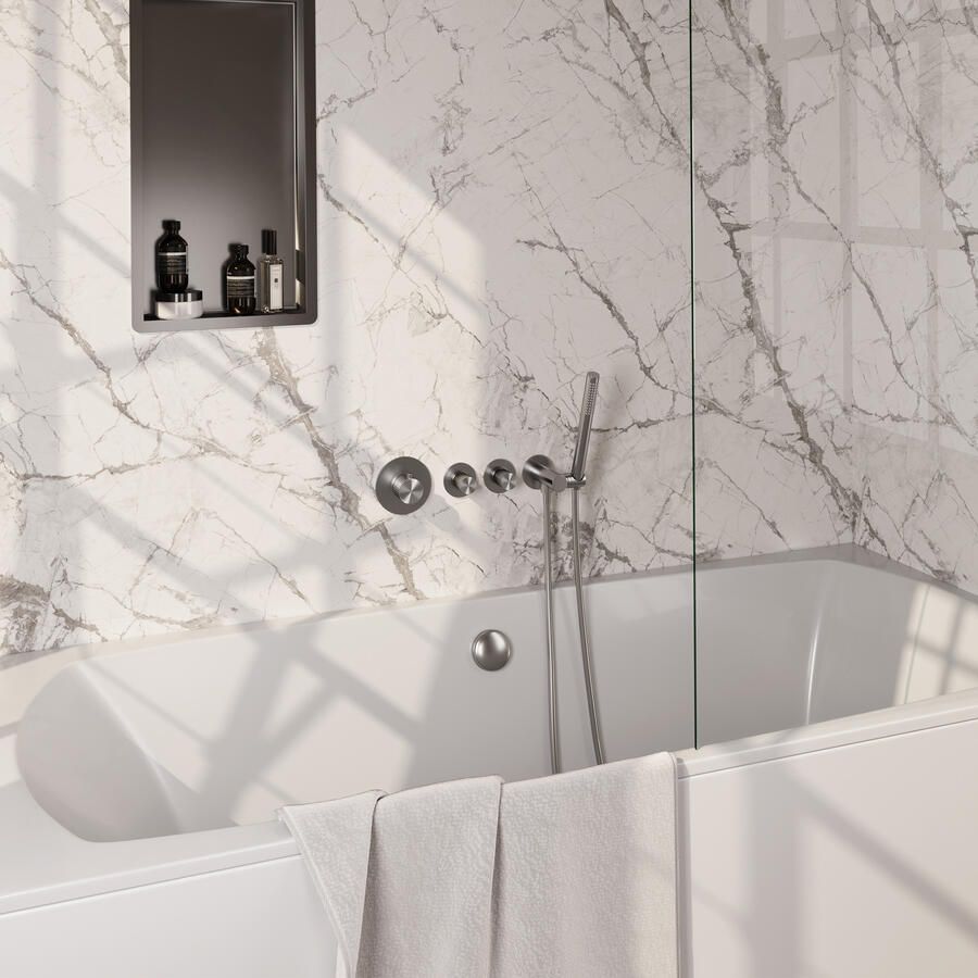 Brauer Stripe thermostatische inbouw badkraan SET 01 met badvulcombinatie en staaf handdouche en doucheslang en wandaansluitbocht RVS-kleurig geborsteld PVD