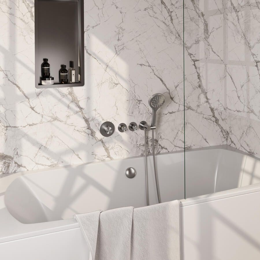 Brauer Stripe thermostatische inbouw badkraan SET 02 met badvulcombinatie en 3-standen handdouche en doucheslang en wandaansluitbocht RVS-kleurig geborsteld PVD