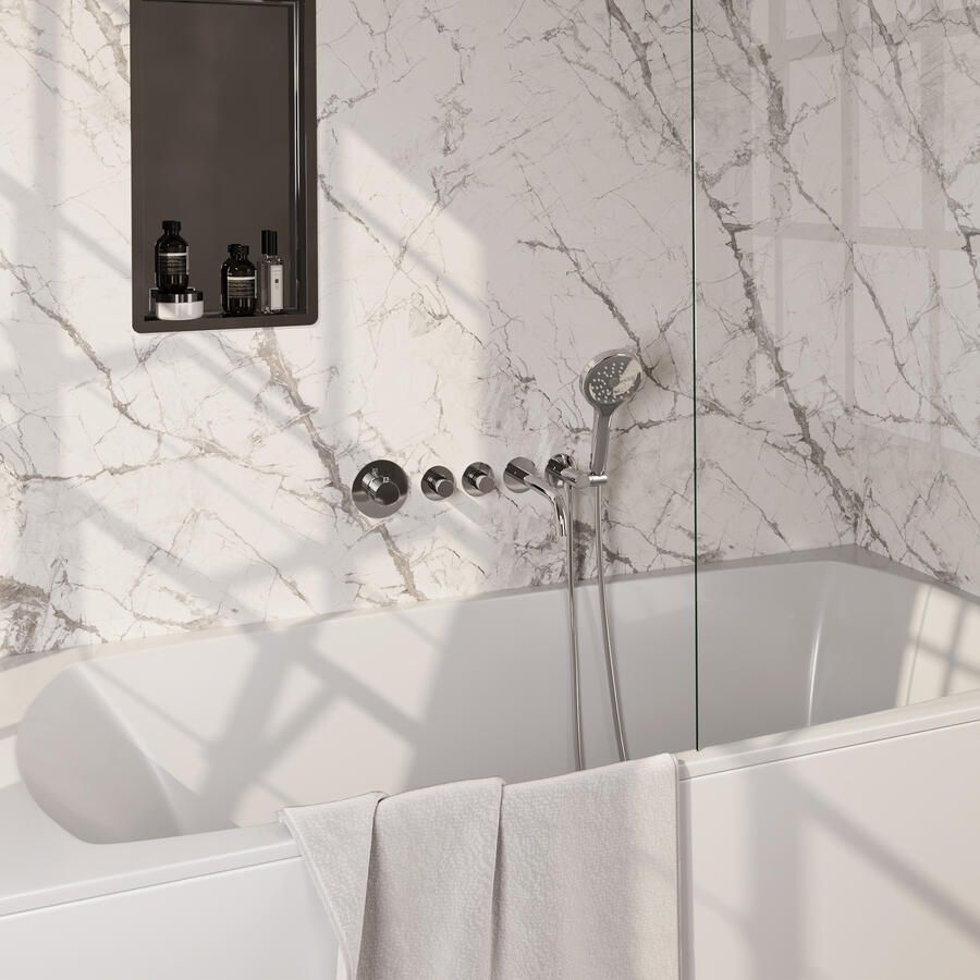 Brauer Stripe thermostatische inbouw badkraan SET 02 met uitloop en 3-standen handdouche en doucheslang en wandaansluitbocht chroom